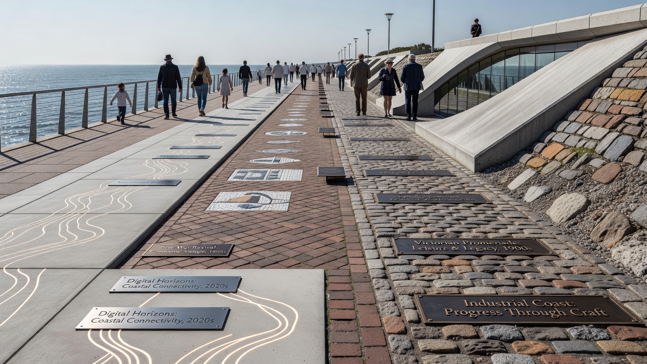 Detailed view of mixed-generation walkway elements showing carved indigenous patterns alongside modern mosaic additions