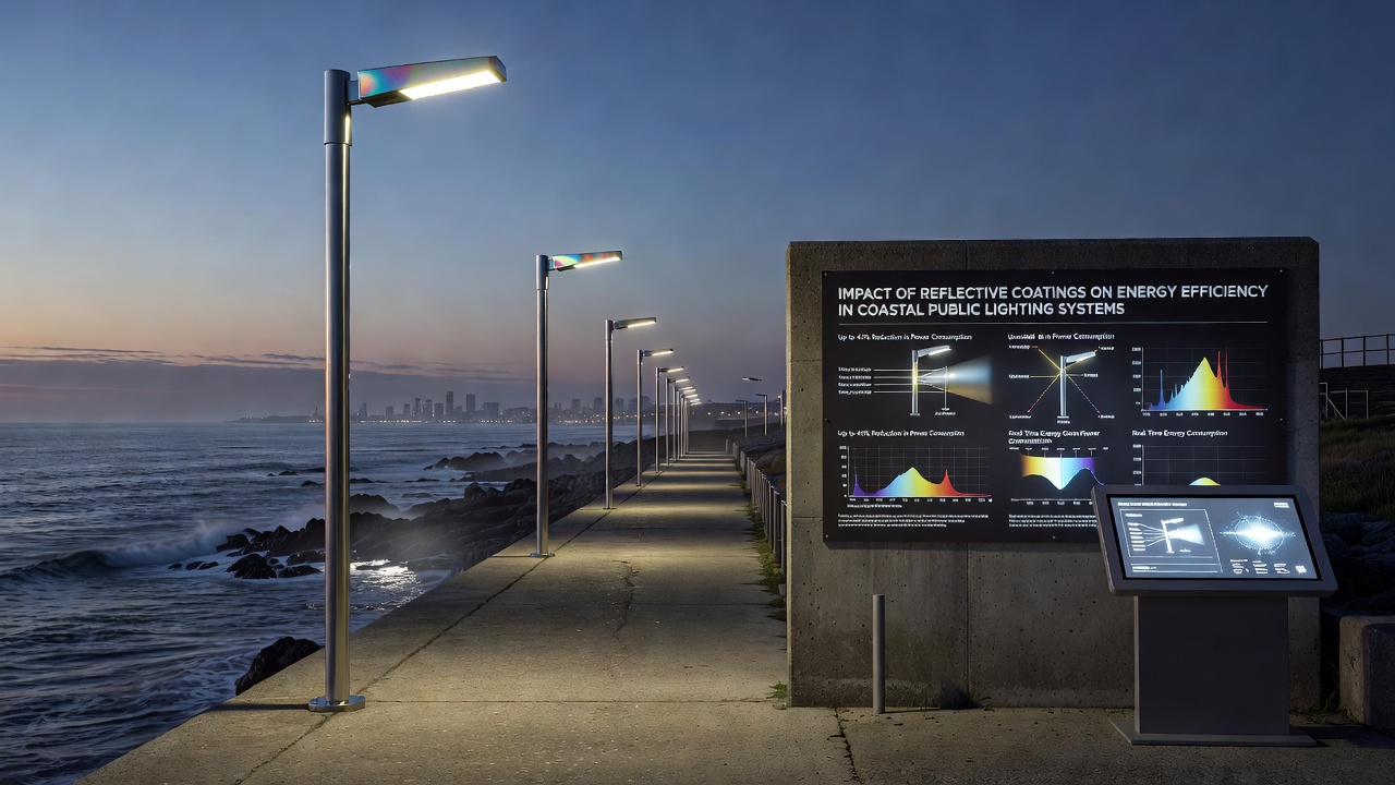 Technician applying reflective coating to a coastal streetlight fixture at dusk